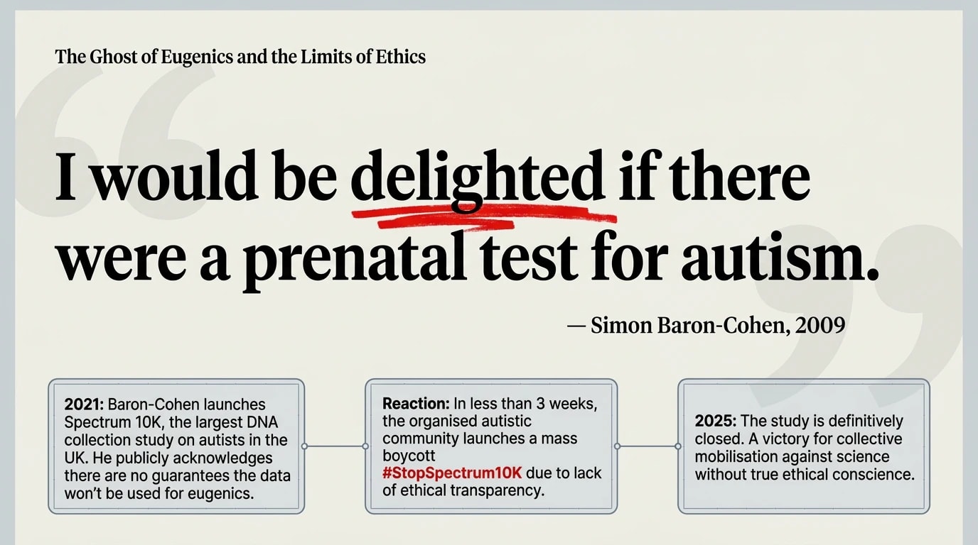 The spectre of eugenics and the ethical limits — Baron-Cohen quote on prenatal testing, community boycott timeline
