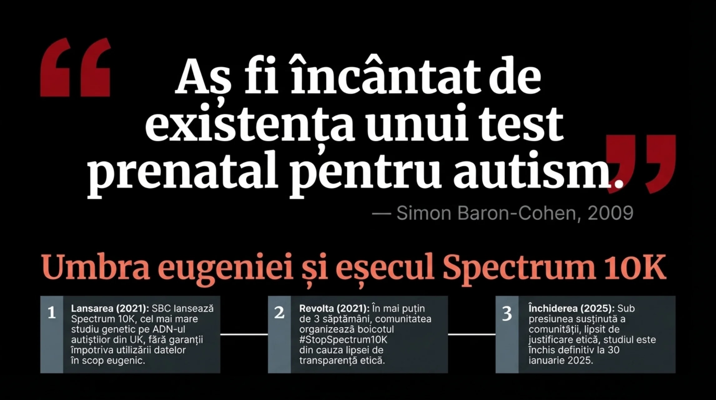 Umbra eugeniei și eșecul Spectrum 10K — citat Baron-Cohen despre test prenatal, cronologia boicotului comunitar