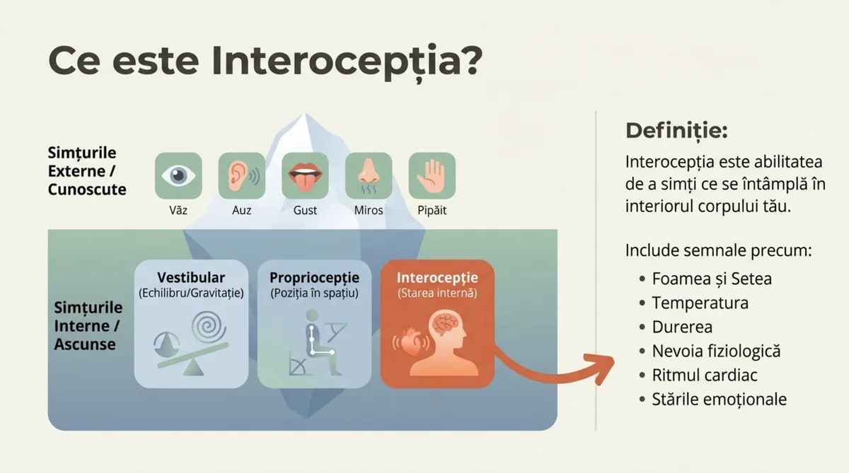 Ce este Interocepția? Diagrama simțurilor externe și interne — Vestibular, Propriocepție, Interocepție