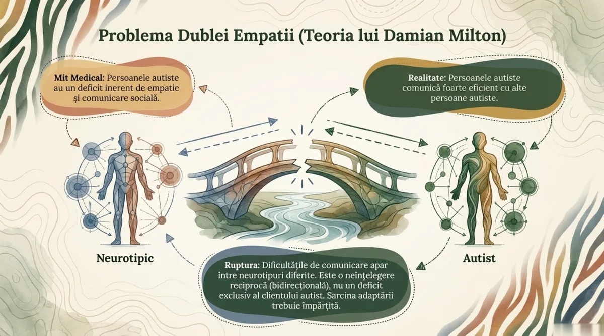 Problema Dublei Empatii — Teoria lui Damian Milton. Ilustrație cu pod între neurotipic și autist, arătând că dificultatea de comunicare este bidirecțională
