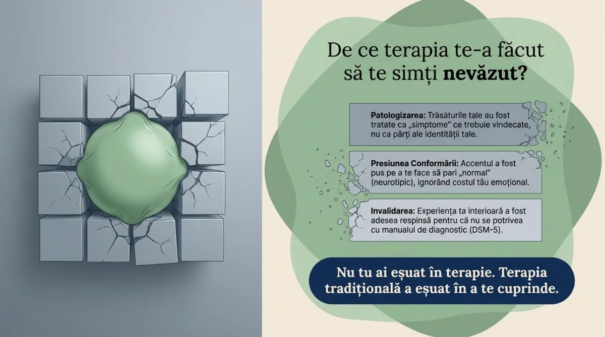 De ce terapia te-a făcut să te simți nevăzut? Patologizarea, presiunea conformării, invalidarea — Nu tu ai eșuat în terapie