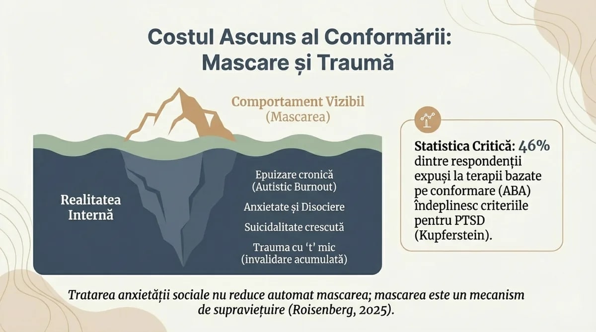 Costul Ascuns al Conformării: Mascare și Traumă — metafora icebergului cu comportament vizibil vs. realitate internă (epuizare, anxietate, traumă)