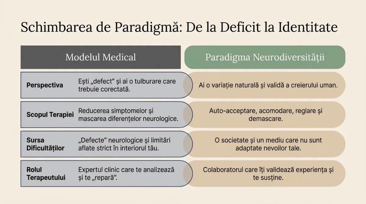 Schimbarea de Paradigmă: De la Deficit la Identitate — tabel comparativ între Modelul Medical și Paradigma Neurodiversității
