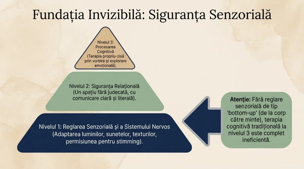 Fundația Invizibilă: Siguranța Senzorială — piramida pe 3 niveluri: Reglare Senzorială, Siguranță Relațională, Procesare Cognitivă