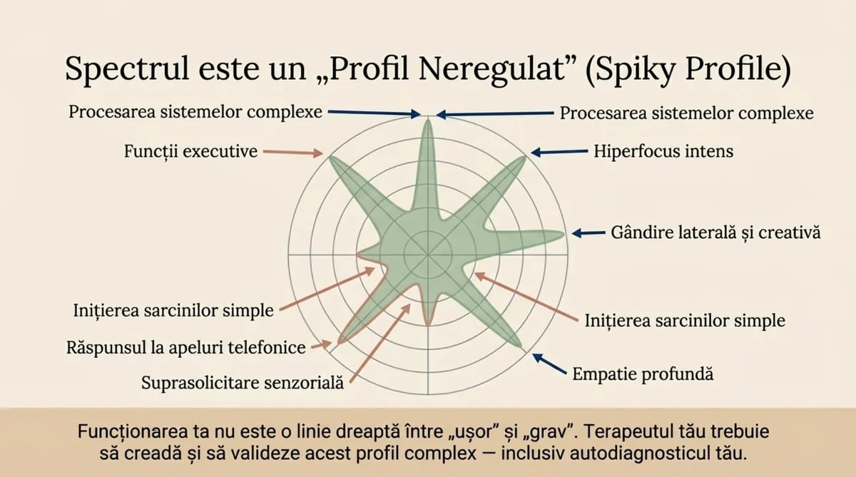 Spectrul este un Profil Neregulat (Spiky Profile) — radar chart care arată variabilitatea enormă în funcționarea neurodivergentă