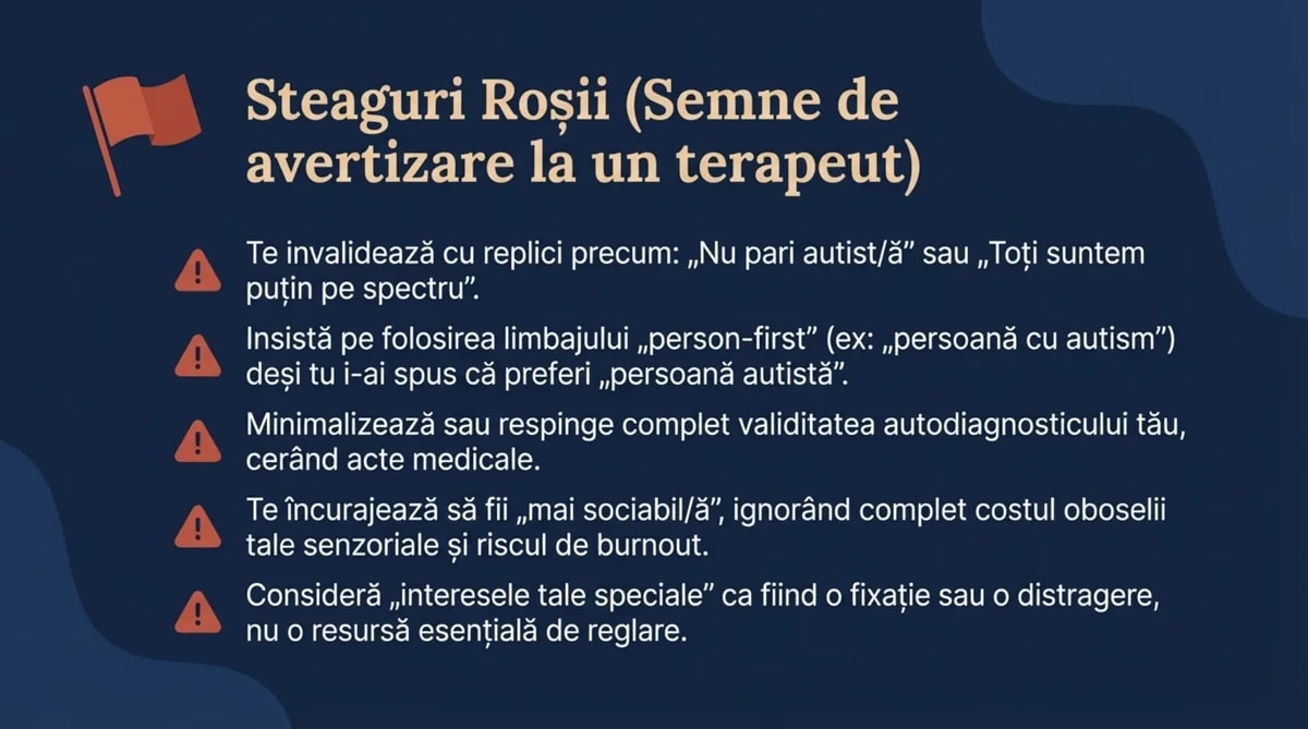 Steaguri Roșii — Semne de avertizare la un terapeut: invalidare, limbaj forțat, respingerea autodiagnosticului
