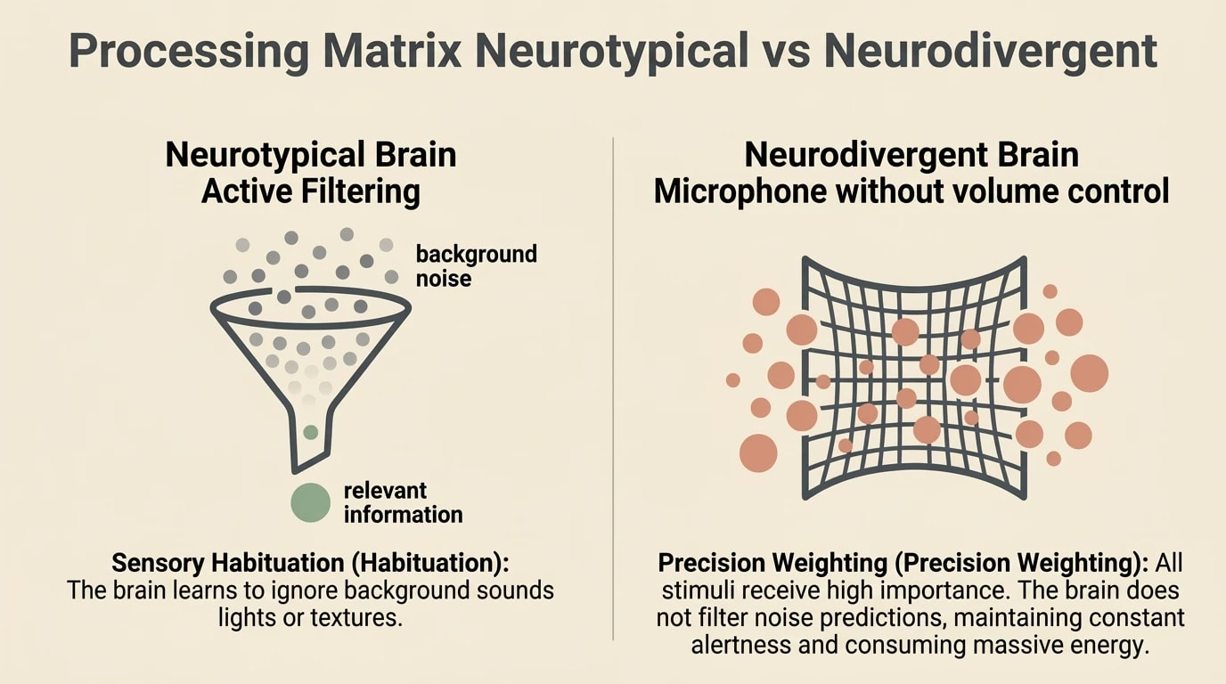 The sensory processing matrix — neurotypical brain as a funnel that filters versus neurodivergent brain as a net that receives everything with equal weight