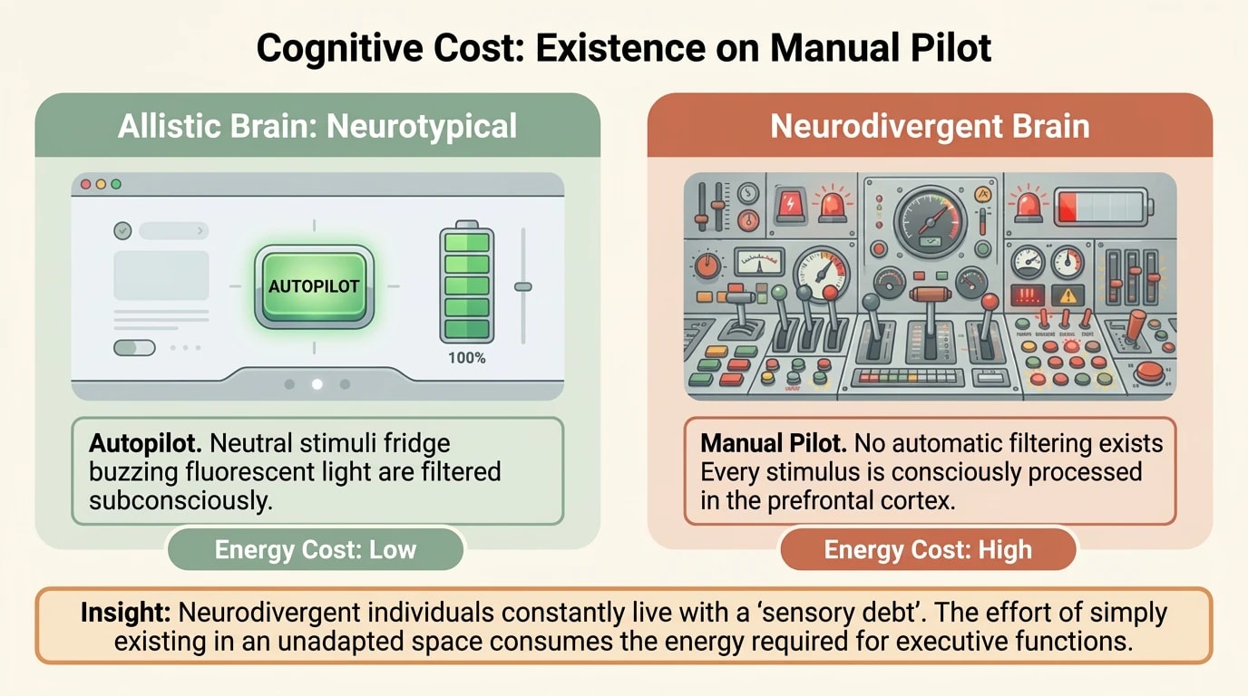Visual comparison between the neurotypical brain on autopilot with low energy consumption and the neurodivergent brain on manual pilot with a complex control panel