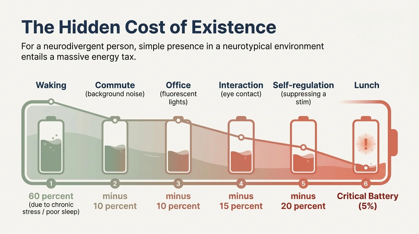 Six batteries draining progressively from 60% on waking to critical 5% battery at lunchtime, showing the cost of each ordinary activity