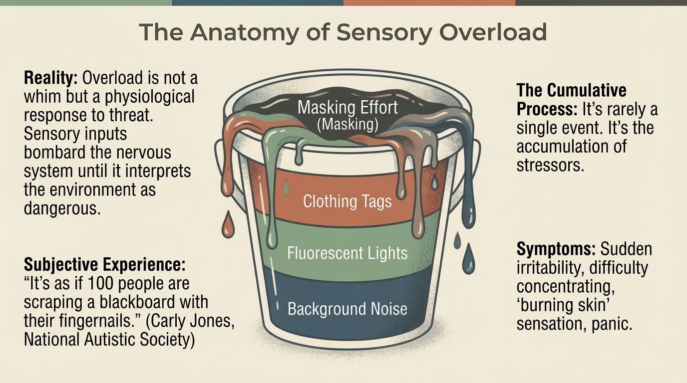 A cup filling with layers of sensory stimuli — background noise at the base, fluorescent lights, clothing tags, masking effort at the top. Quote from Carly Jones