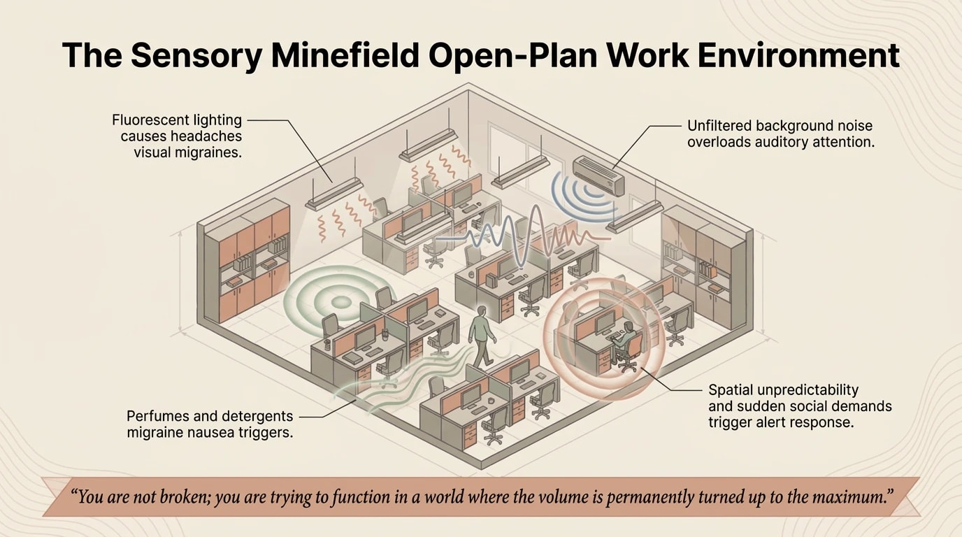 The Sensory Minefield: Open-Plan Workplace with four zones of sensory assault and the quote You are not broken, you are trying to function in a world with the volume turned up permanently