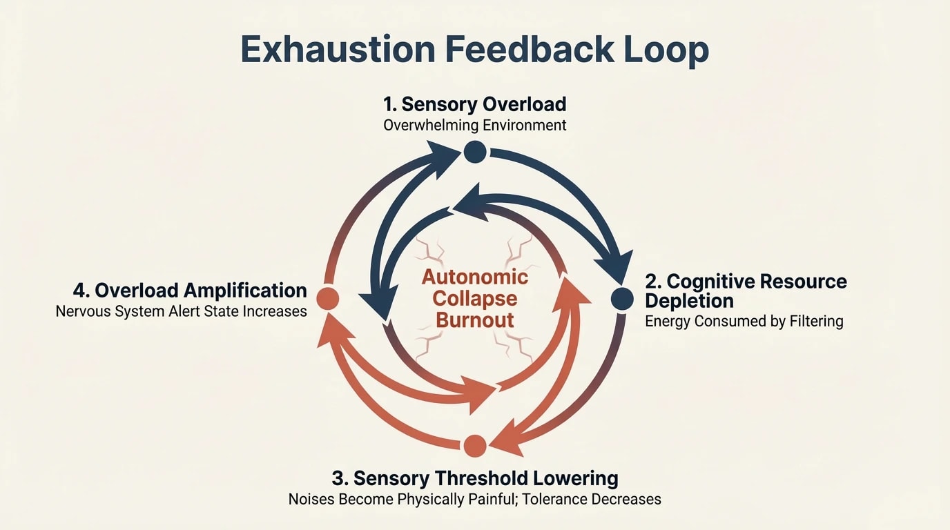 Circular diagram with four stages: sensory overload, depletion of cognitive resources, lowering of sensory threshold, amplification of overload