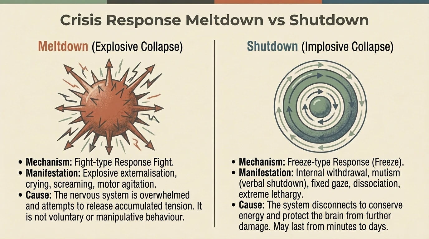 Visual comparison between meltdown (explosive collapse, fight-type) and shutdown (implosive collapse, freeze-type, with internal withdrawal and dissociation)