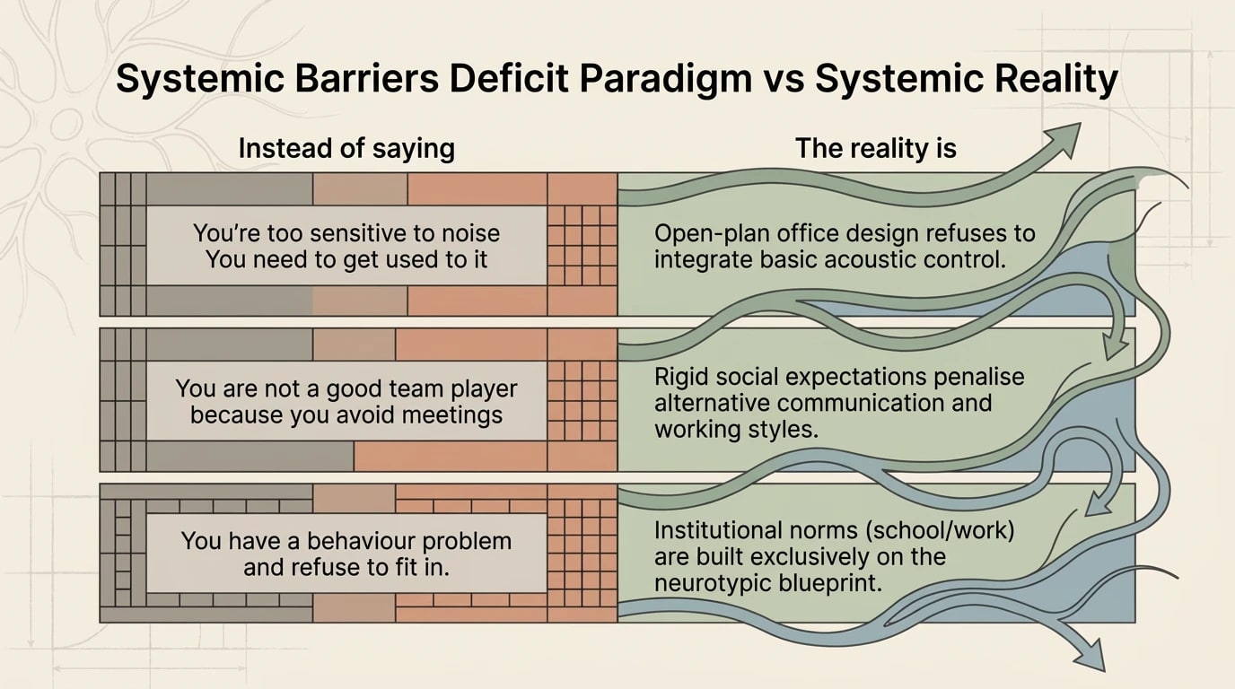 Systemic Barriers: The Deficit Paradigm vs. Systemic Reality — table with three rows reframing the narrative from individual blame to environmental failure