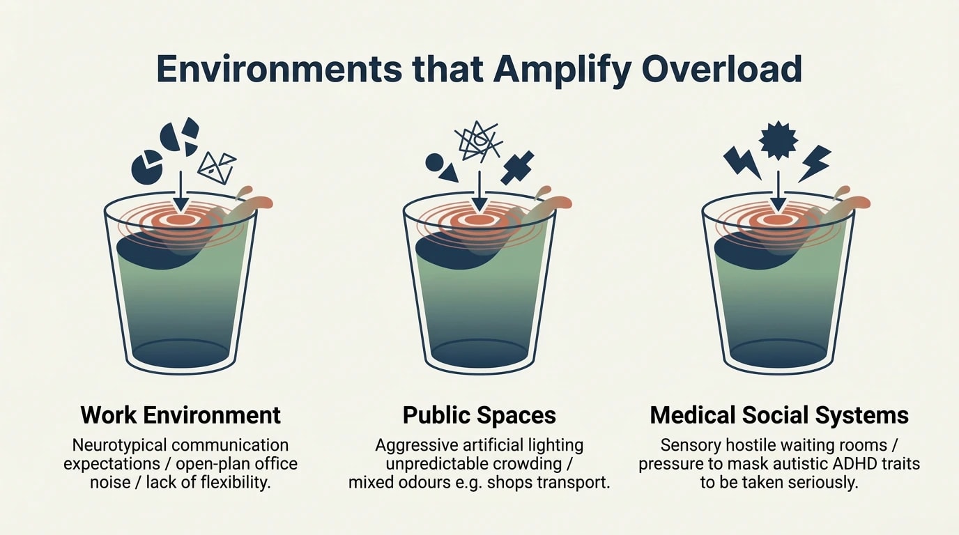 Three overflowing cups representing the three hostile environments: The Workplace, Public Spaces, Medical and Social Systems