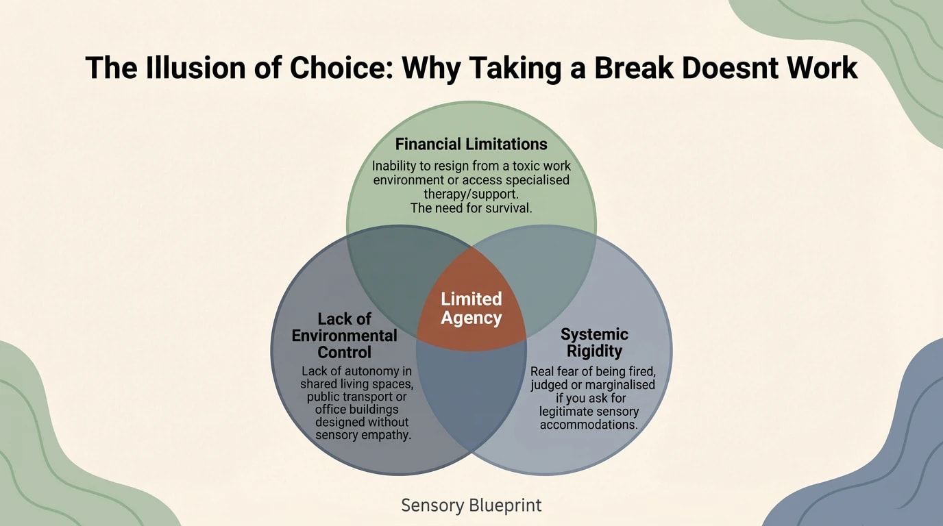 Venn diagram: Financial Constraints, Systemic Rigidity, Lack of Environmental Control — with Limited Agency at the centre