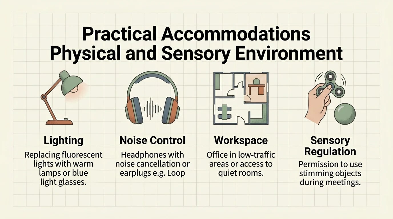 Four domains of practical accommodations: Lighting, Noise Control, Workspace, Sensory Regulation