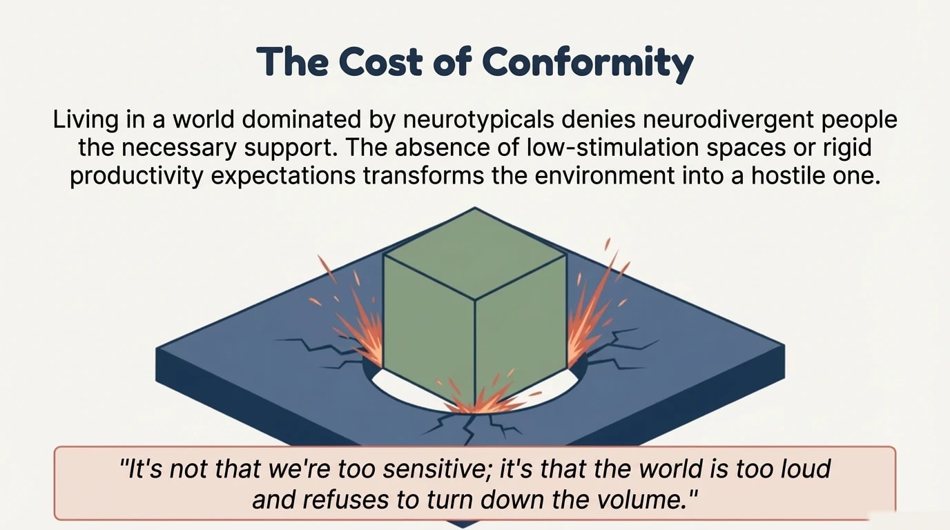 A green cube forced through a round hole, with sparks of friction. Quote: It is not that we are too sensitive. It is that the world is too loud and refuses to turn the volume down.