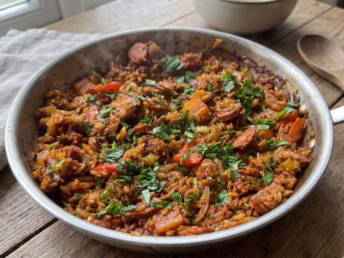 Jambalaya Rustică cu Cârnați Afumați