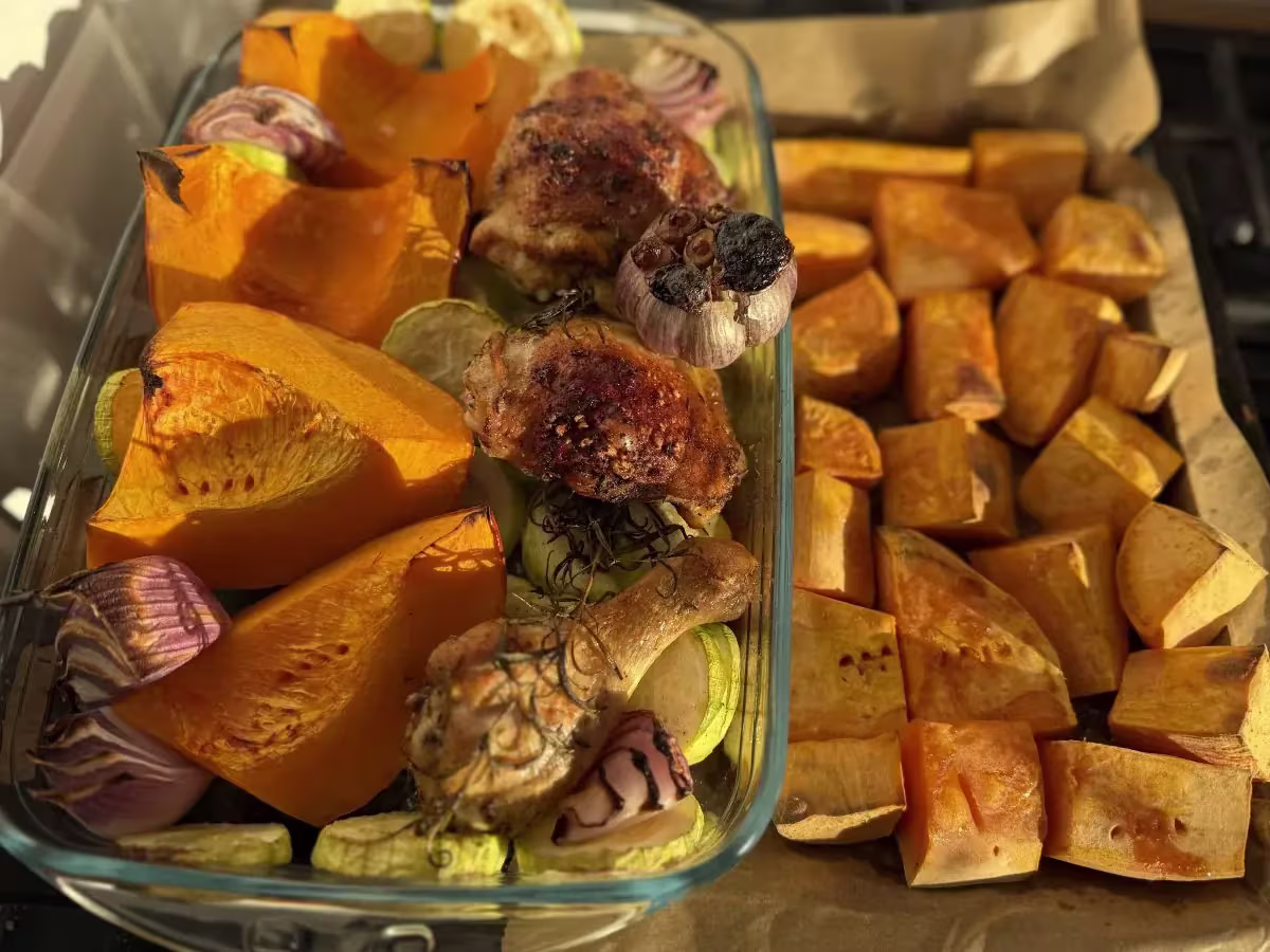 Roasted Chicken with Pumpkin and Sweet Potatoes in Curry Sauce