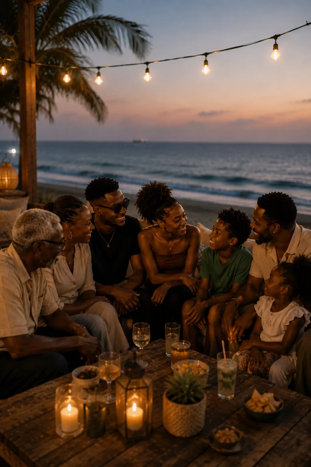 Multi-generational family smiling together during an outdoor celebration at dusk
