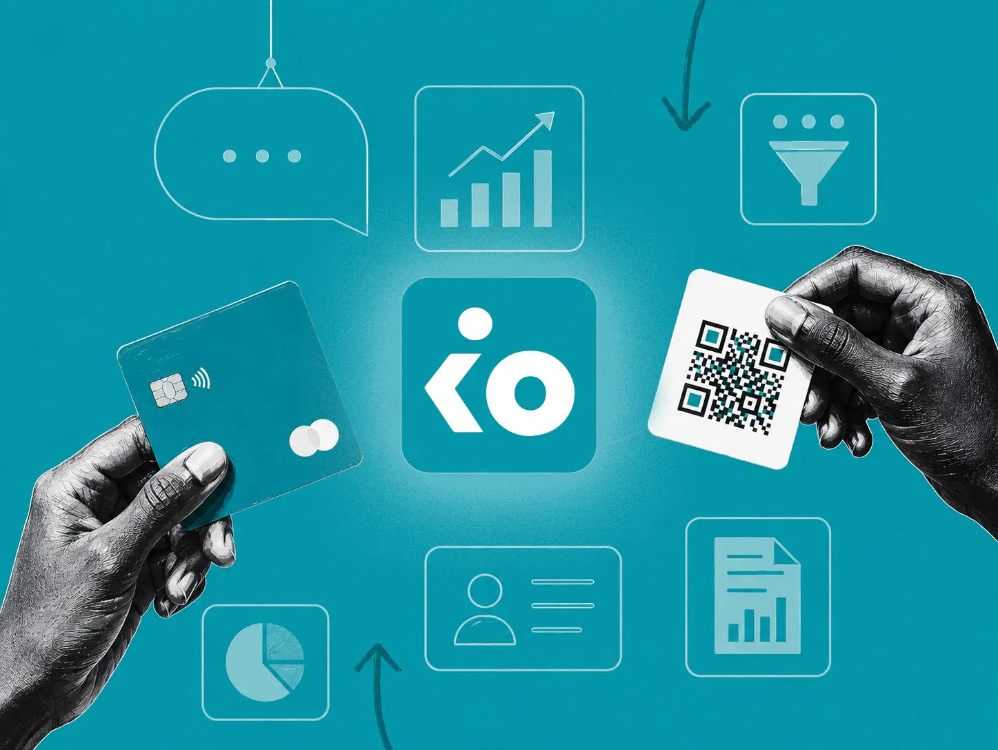 Graphic on teal background: central brand mark with hands holding a payment card and a QR ticket card, surrounded by organizer tool icons for analytics, chat, and reporting