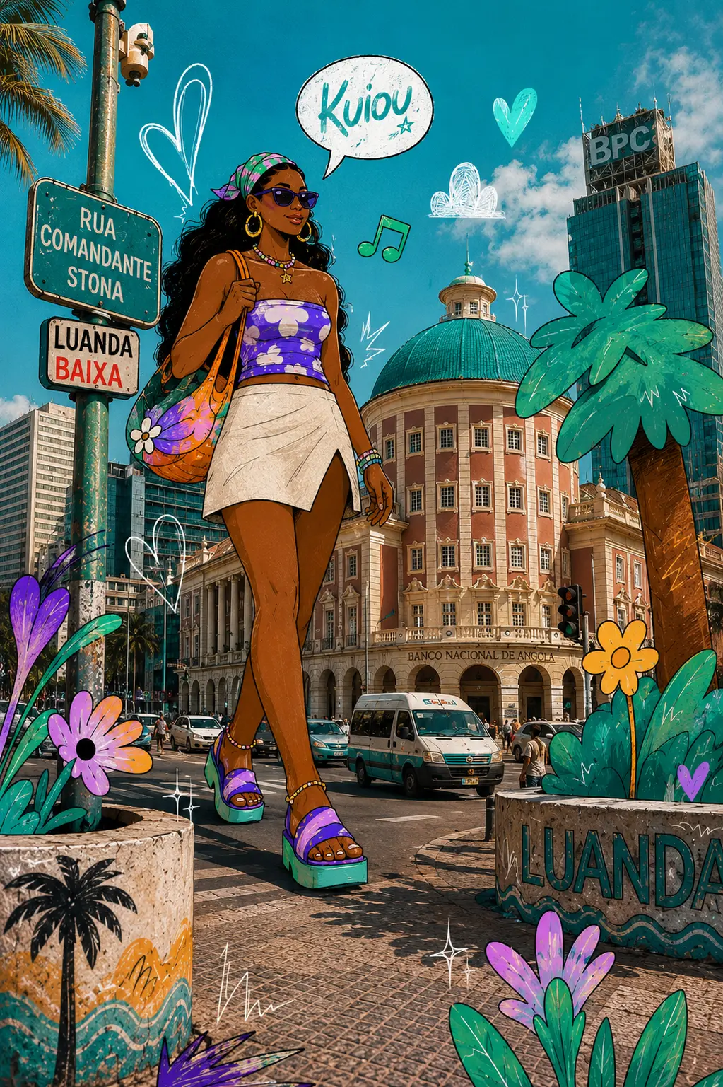 Guest walking confidently on a sunny Luanda street with Banco Nacional de Angola in the background, mixed with playful illustrated flowers, hearts, and a Kuiou speech bubble