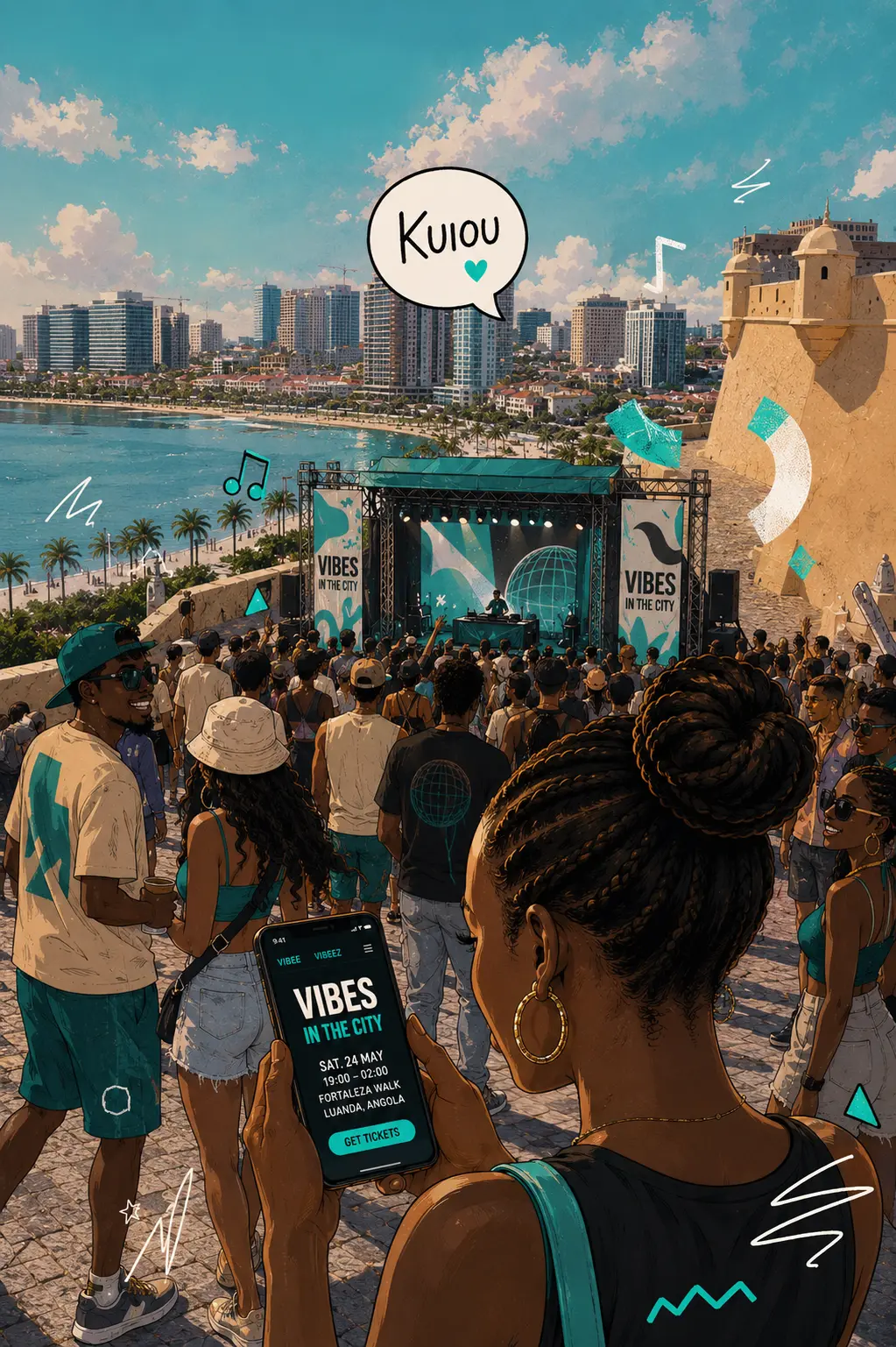 Concertgoer at an outdoor show viewing an event page on a phone with date, time, location, and get tickets