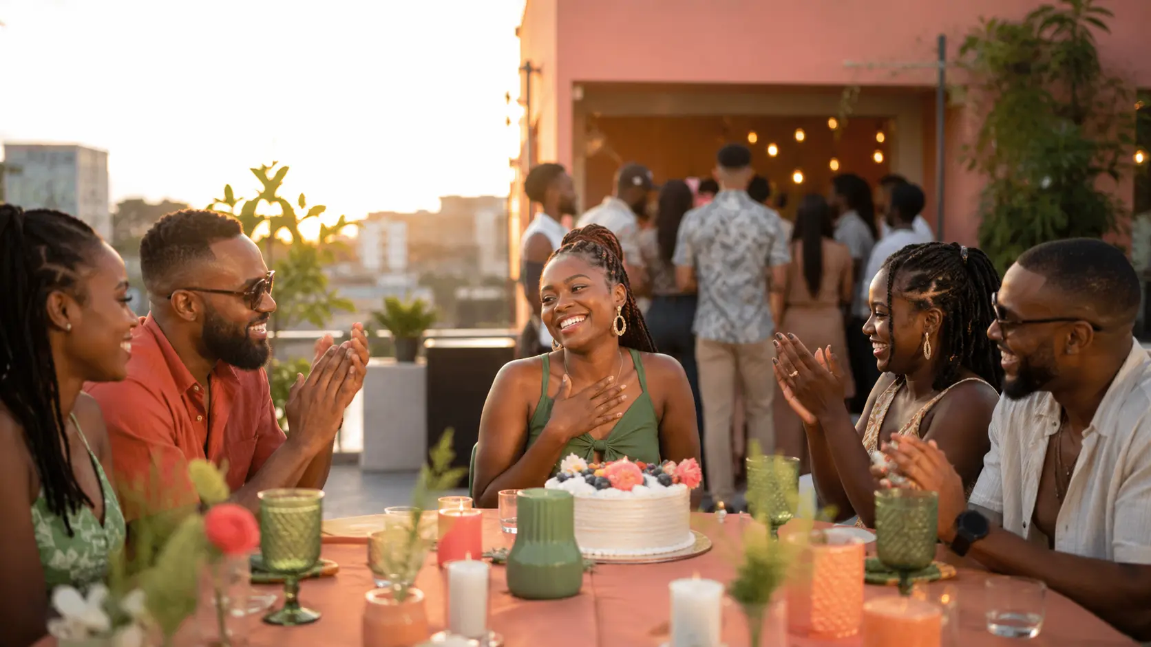Friends celebrating together at a rooftop gathering at golden hour