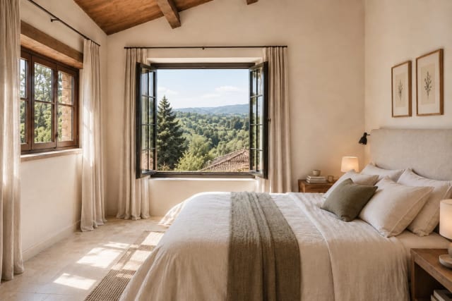 Bedroom with a double bed, nightstands, and an open window overlooking a green landscape.
