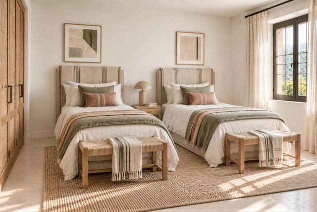 Bedroom with two single beds, a nightstand, and a wooden wardrobe.