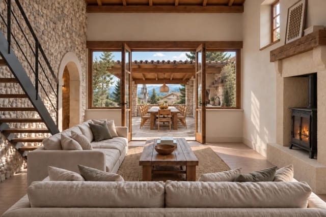 Living room with two sofas, a wooden coffee table, a fireplace, and views of the outdoor terrace.