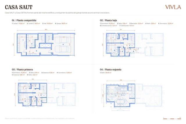 Four floor plans of Casa Saut, showing the layout of the different levels.