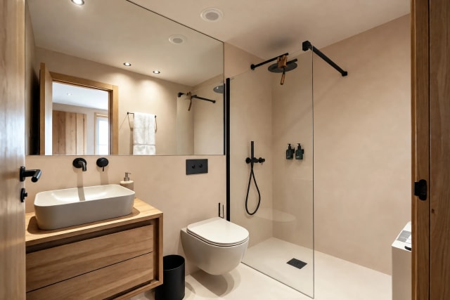 Modern bathroom with a wooden vanity sink, toilet, and glass-enclosed shower.