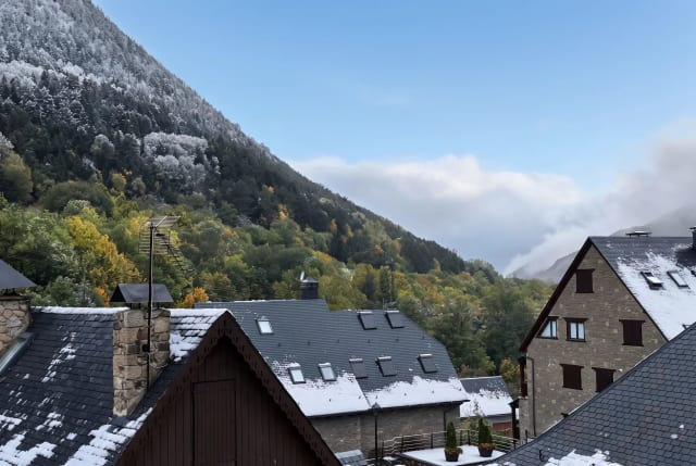 View of snowy rooftops of mountain houses with a forested valley and snow-capped mountains in the background.