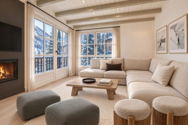 Living room with an L-shaped sofa, wood-burning fireplace and large windows overlooking snowy fir trees and the mountain.