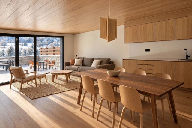 Dining area with a walnut table and six light oak chairs under a wooden pendant lamp, open to the living room and kitchen, with snowy mountain views.