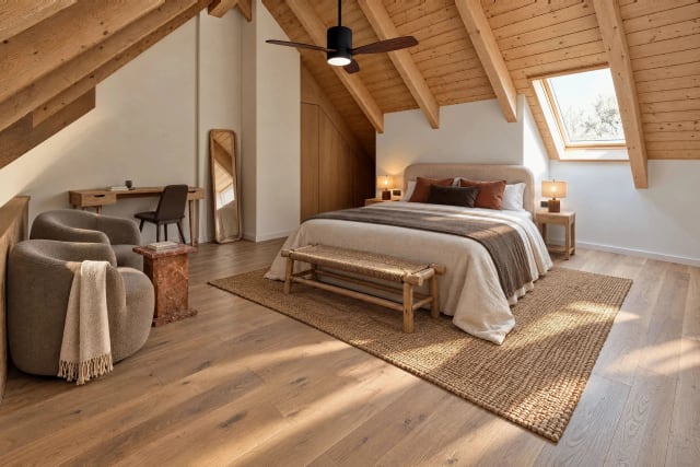 Master suite with a double bed under a skylight, two armchairs, a desk and a sloped wooden ceiling.