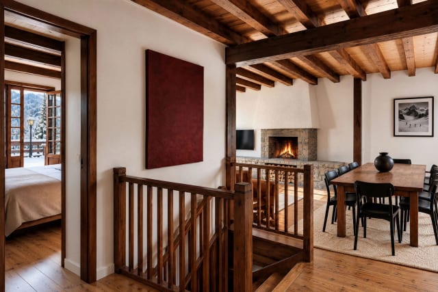 Hallway with a wooden stair railing, with a bedroom opening onto a snowy balcony and the living-dining room with a lit stone fireplace in the background.