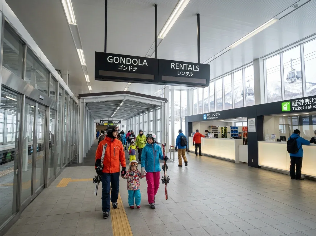 Skiers walking from GALA Yuzawa Shinkansen station directly to gondola and slopes