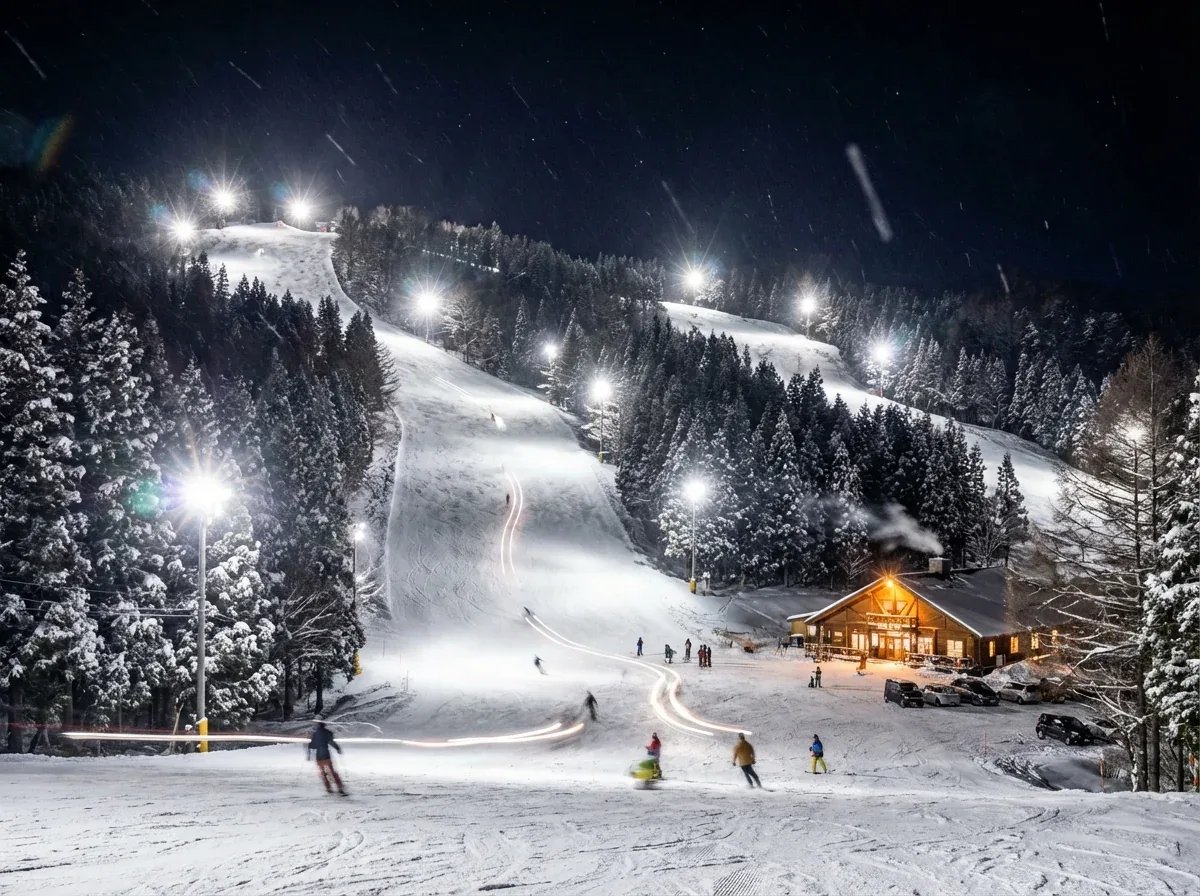 Night skiing under floodlights at Norn Minakami with skiers on groomed runs