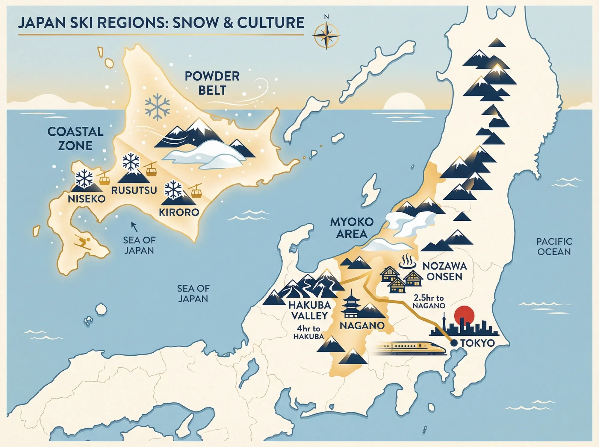 Map of Japan ski regions showing Hokkaido powder belt and Honshu resorts near Tokyo