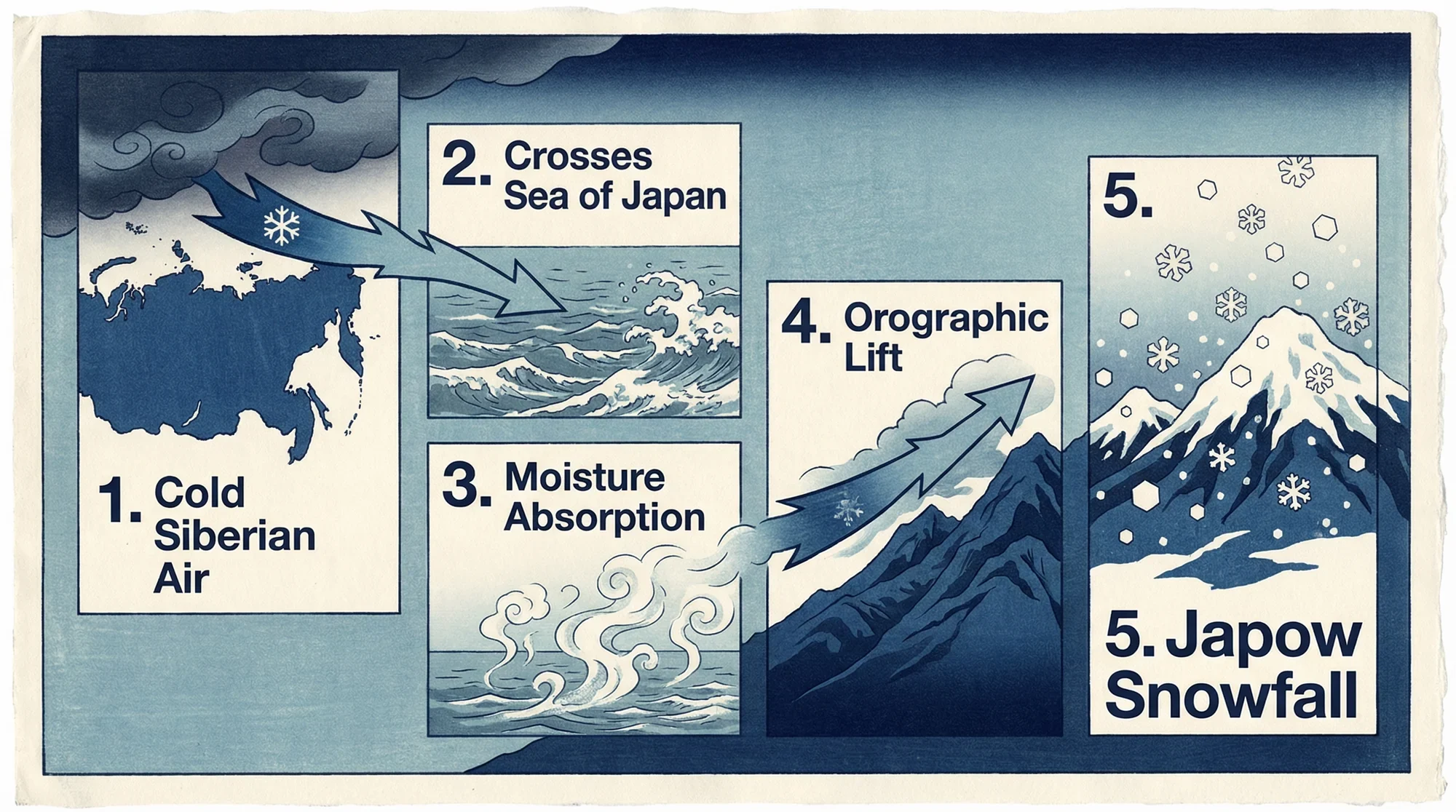 Diagram showing how cold Siberian air creates japow powder snow over the Sea of Japan