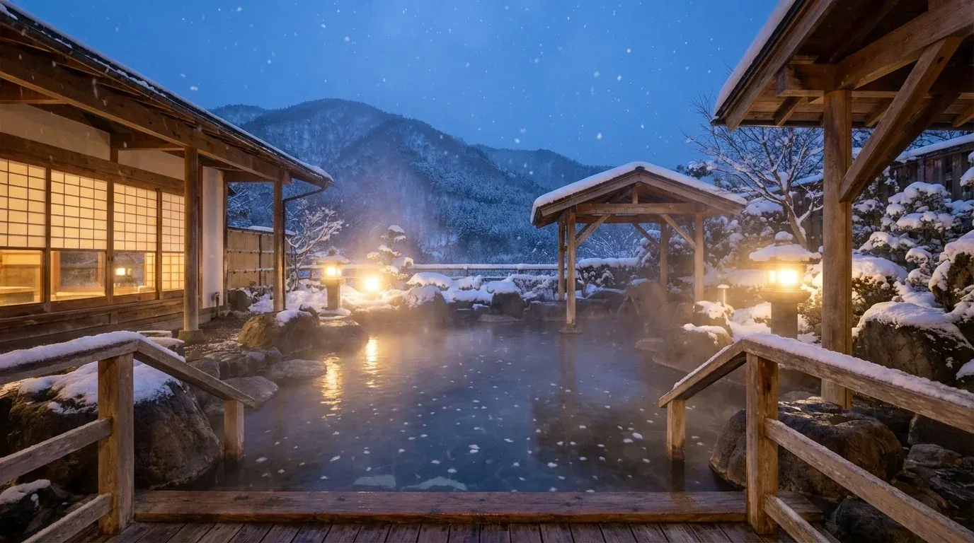 Snow-covered outdoor onsen hot spring bath with steam rising in Japanese ski village