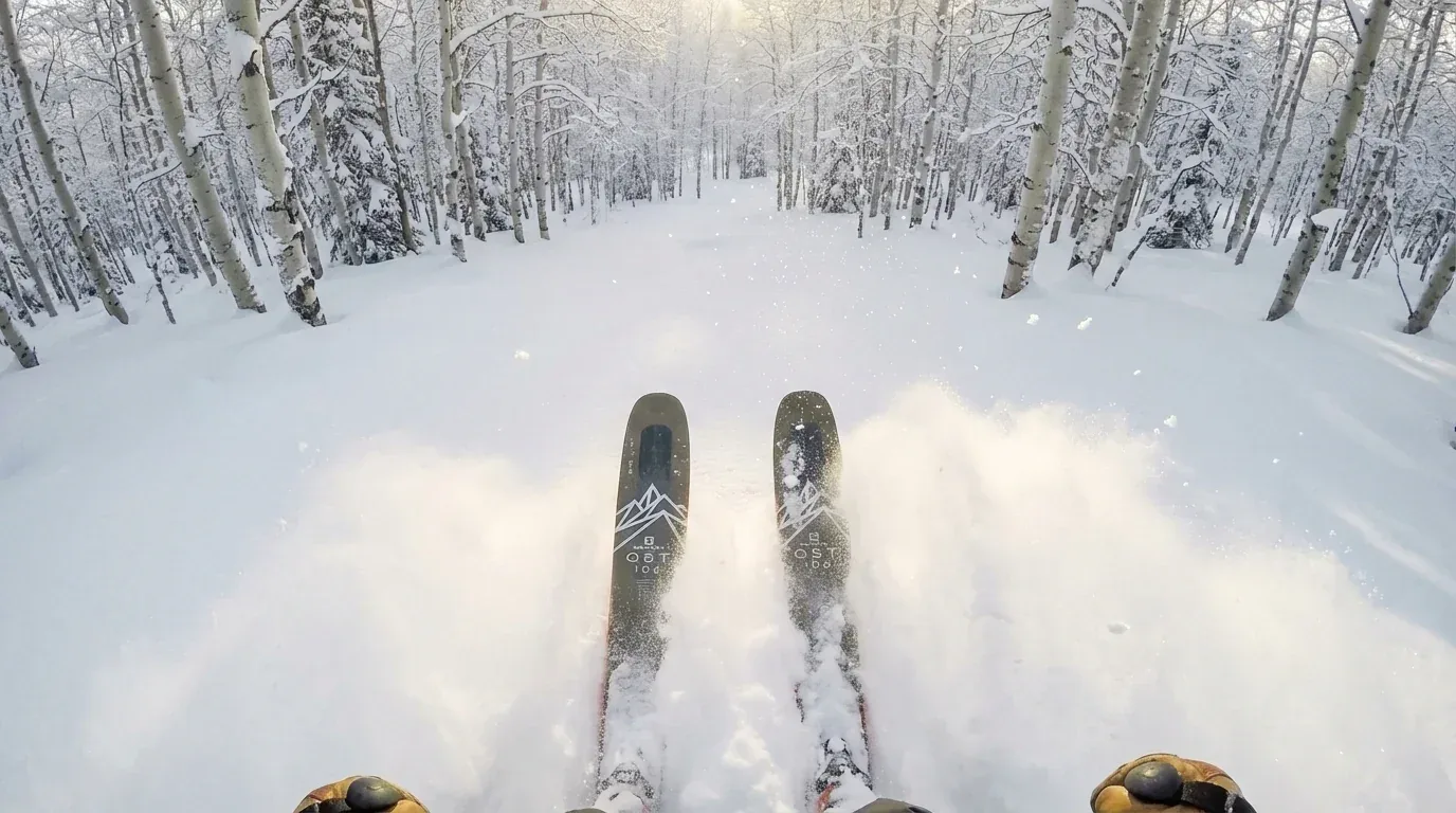 POV of fat skis in deep japow powder snow before dropping into untouched tree run