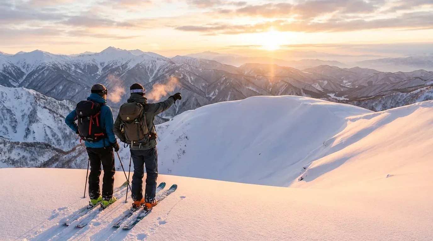 Two skiers overlooking untouched japow powder bowl with mountain peaks in Japan