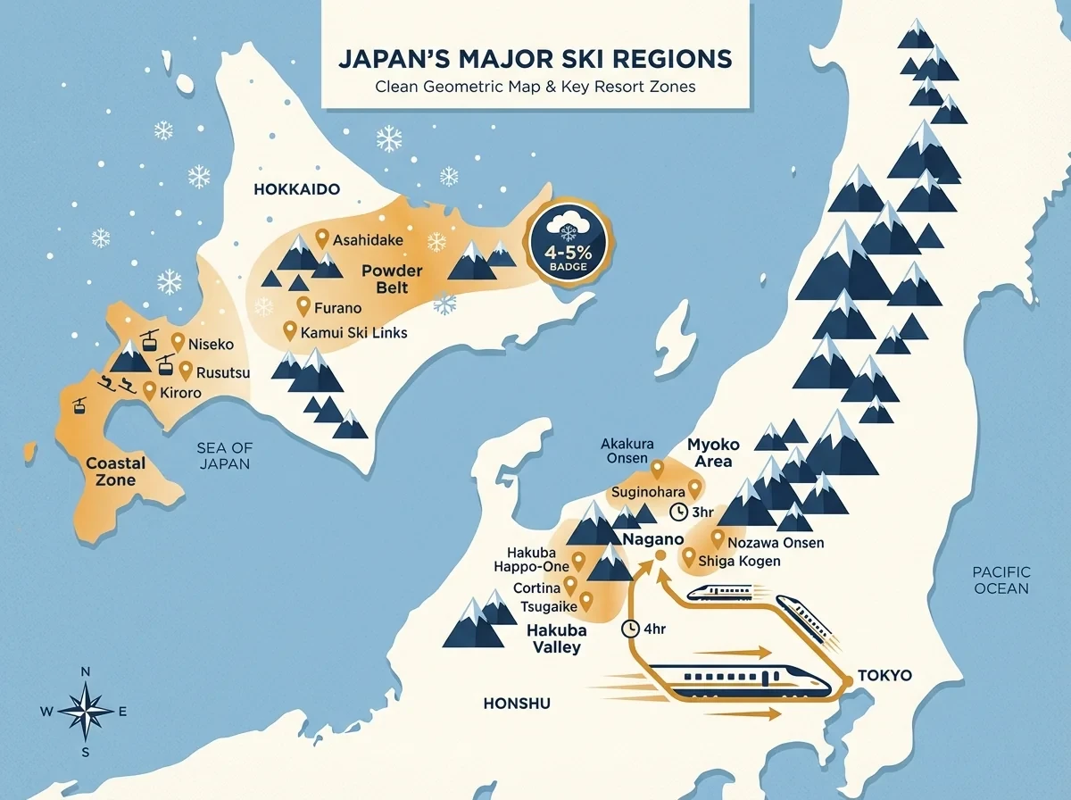 Map of Japan ski regions showing Hokkaido powder belt and Honshu resorts near Tokyo