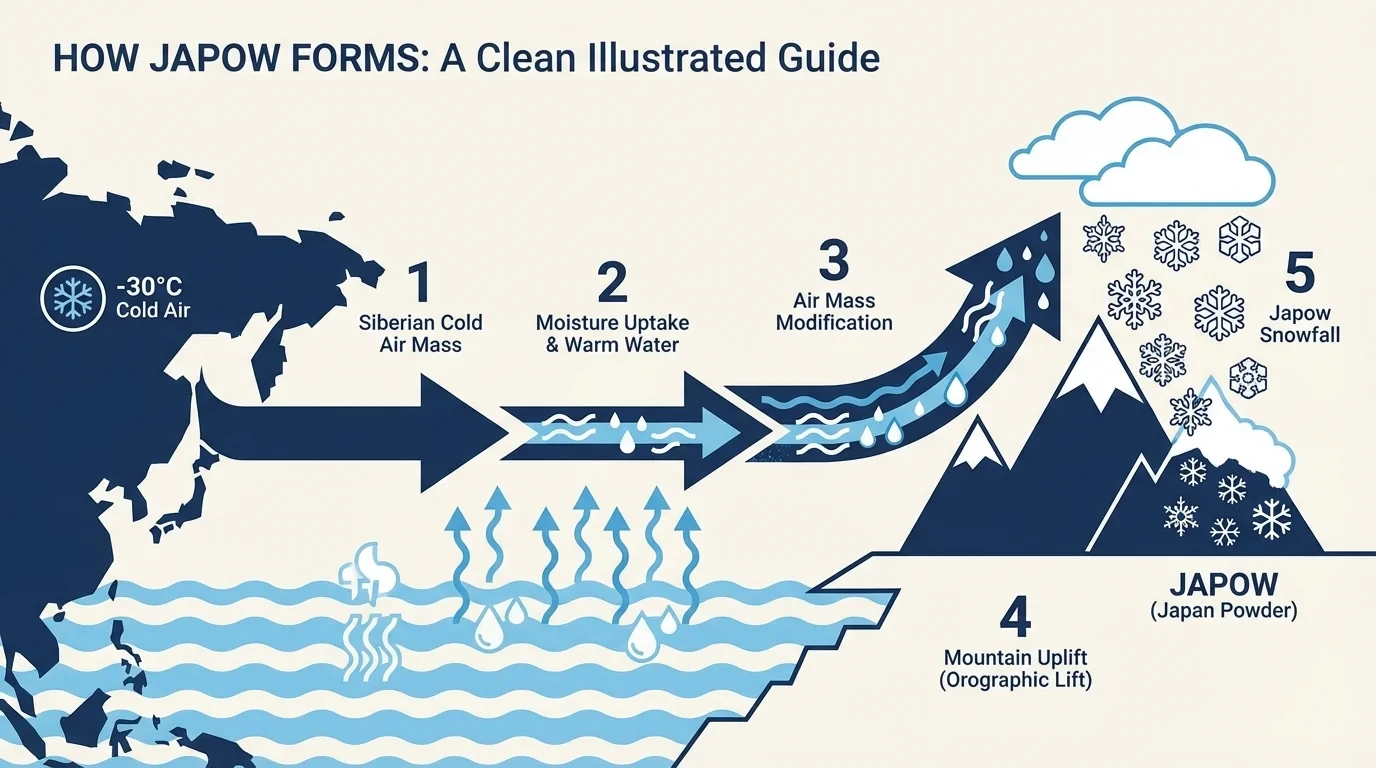 Diagram showing how cold Siberian air creates japow powder snow over the Sea of Japan