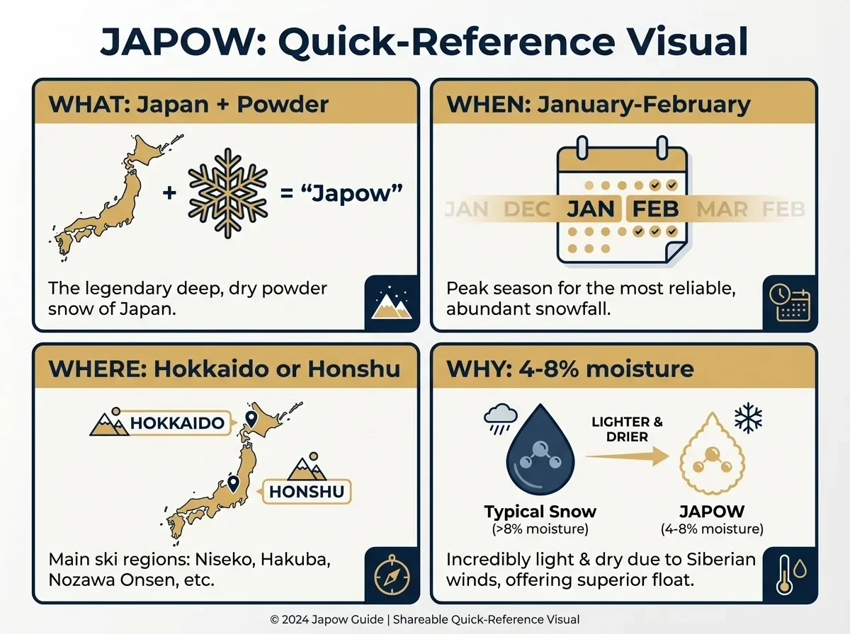 Quick reference infographic showing what japow means, when to go, and where to find it