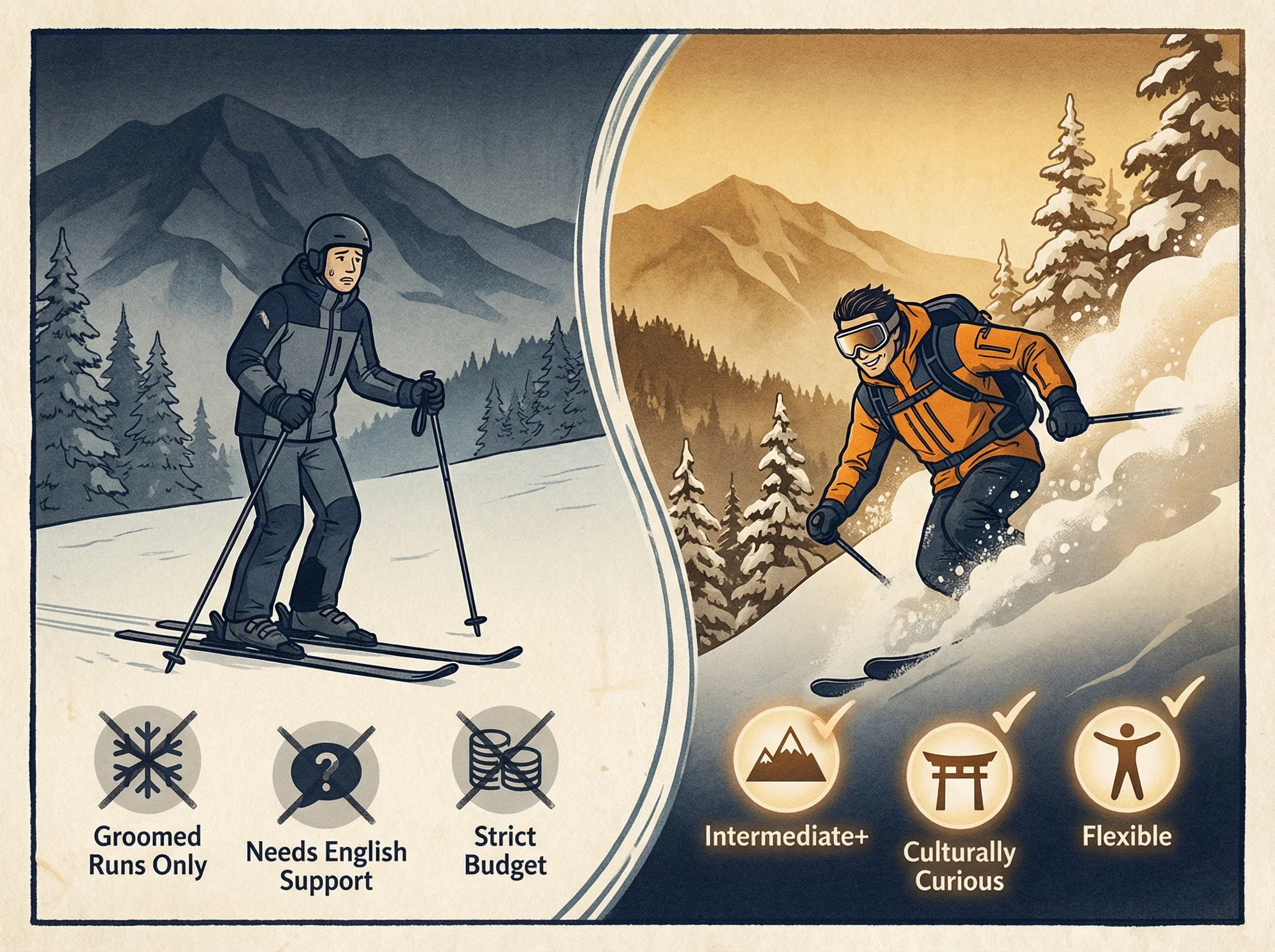 Illustration comparing who japow is and isn't right for based on skill and mindset